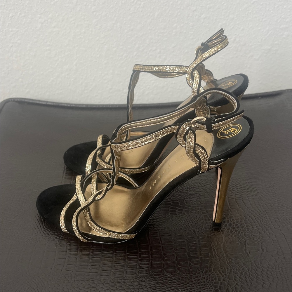IVANKA TRUMP Black and Gold Strappy Heeled Sandals - Picture 3 of 6